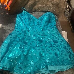 Fifteen Roses Malibu Blue Sequin Floral A-Line Dress